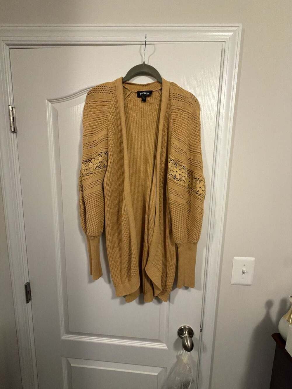 Express Mustard Yellow Open Front Cardigan with Crochet Sleeve Details